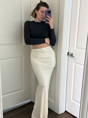 Meshki Cream Ruched High-Rise Maxi Skirt